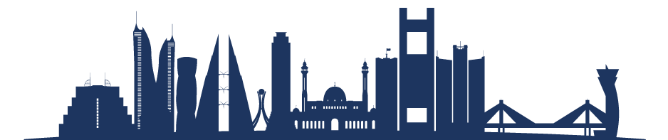 Blue silhouette of iconic structures in Manama, Bahrain.